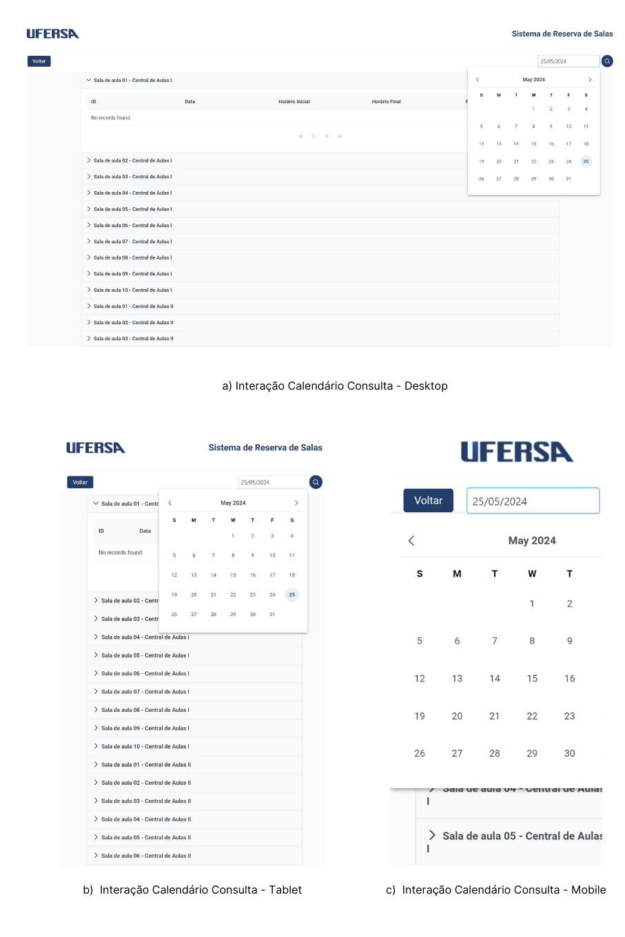 Todas as telas da interação calendário na pesquisa